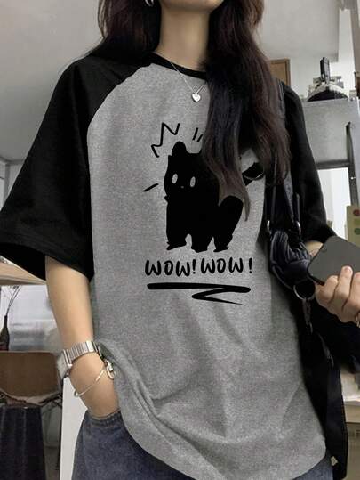 女士时尚休闲 Y2K 可爱猫咪图案印花撞色插肩袖圆领短袖T恤 夏季