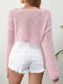 Women's Fashion Off Shoulder Hollow See-Through Knitted Pullover Shrug, Lightweight Casual, Spring/Summer, Long Sleeve - Pink - View 4