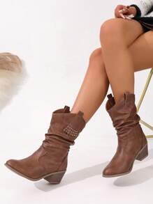 Brown Fringe Rivets Pleated Slip-On Round Toe Chunky Heel Casual Versatile Riding Boots, Commuter Style For Women, Autumn/Winter - Brown - View 3