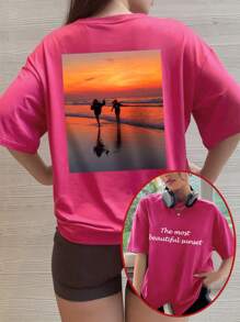 Customized Women's T-Shirt - Add Your Text And Photos (Landscape/Badge Design/Couple/Family/Selfie/Pet), Front And Back Print, Fashionable, Customized Women's Sportswear, Streetwear Casual, Sports Outdoor, Elegant Winter, Personalized Comfortable Loose Casual T-Shirt - Hot Pink - View 2