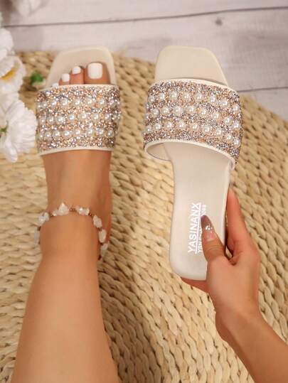 Wide Fit Women Flat Pearl & Rhinestone Decor Square Toe Slip On Slippers, Suitable For Summer