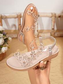 Sandal đế bằng trong suốt đính hoa pha lê thời trang mùa hè 2025 dành cho nữ, chống trượt, mềm mại, thoải mái, có thể phối cùng váy và trang phục đi biển. - Màu be - Xem 6