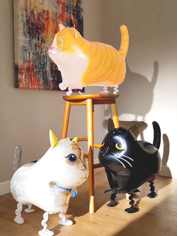 3 balões metalizados em formato de gato andando, gato branco, gato preto, gato laranja, adequados para decorações de festa de aniversário, presentes, formatura, decoração de aniversário, despedida de solteira, decoração de formatura, casamento de verão, praia, volta às aulas, material escolar, decoração de quarto
