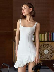 Women's Solid Color Asymmetrical Hem Sleeveless Fashion Dress Skirt - White - View 5