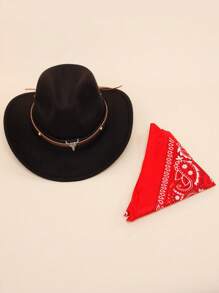 2PCS Western Cowboy Costume, Cowboy Hat Cosplay Accessory, Brown Western Cowboy Hat Dress Up For Kids, Funny Halloween Party Roleplay, Set Of 1 Black Cowboy Hat, 1 Red Bandanna - Black - View 4