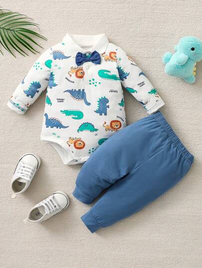 Hibobi 2 piezas Conjunto de pelele para bebé niño con estampado de animales de dibujos animados, top de manga larga y pantalón con tirantes, adecuado para niños de 0 a 1 año para primavera y otoño