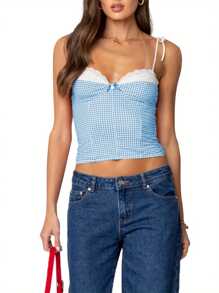Women Summer Crop Camisole Casual Lace Trim Plaid Print Tie Up Strap Tank Tops Sleeveless T-Shirt For Club Streetwear - Màu xanh lam - Xem 1