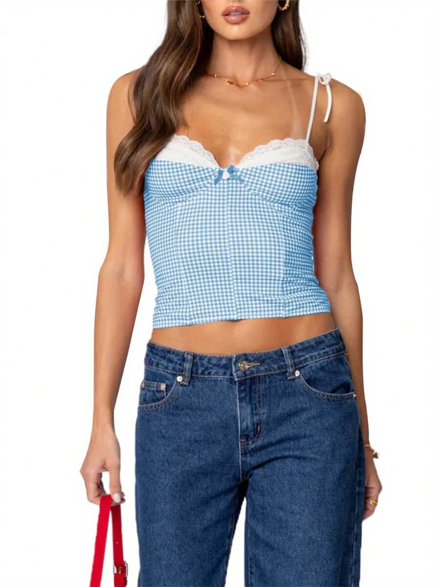 Women Summer Crop Camisole Casual Lace Trim Plaid Print Tie Up Strap Tank Tops Sleeveless T-Shirt For Club Streetwear - Màu xanh lam - Xem 1