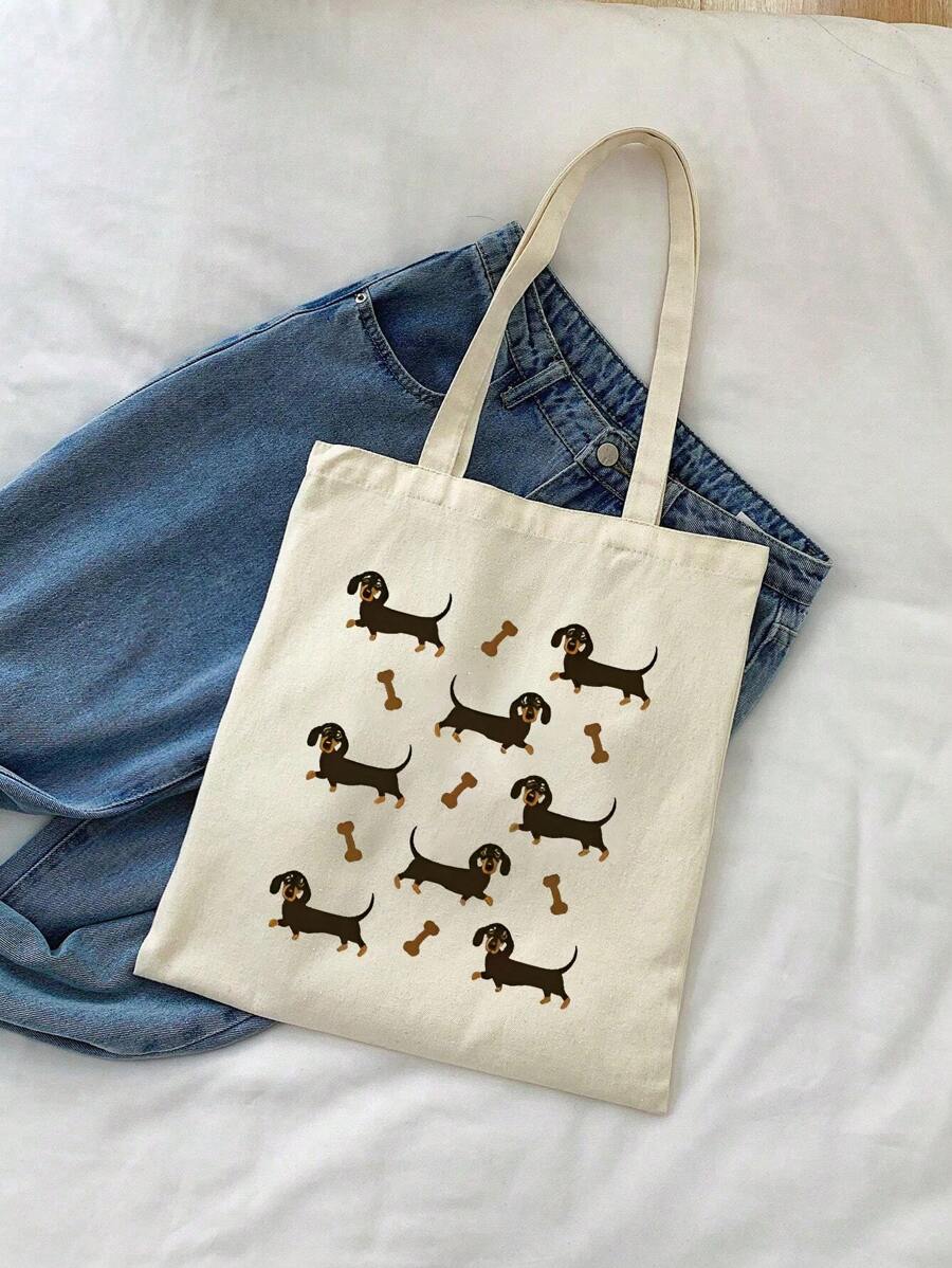 Dachshund Pattern Cute Silly Dog Print Tote Bag, Casual Large Capacity Shoulder Bag, Daily Shopping Bag, Multi-Functional Storage Bag, Lightweight Travel Handbag, Gift Idea, Travel Souvenir, Essential Travel Tote Bag, Suitable For Commuting, Back To School, Travel, Picnic, Camping, Outdoor Adventure And More - Beige - View 1