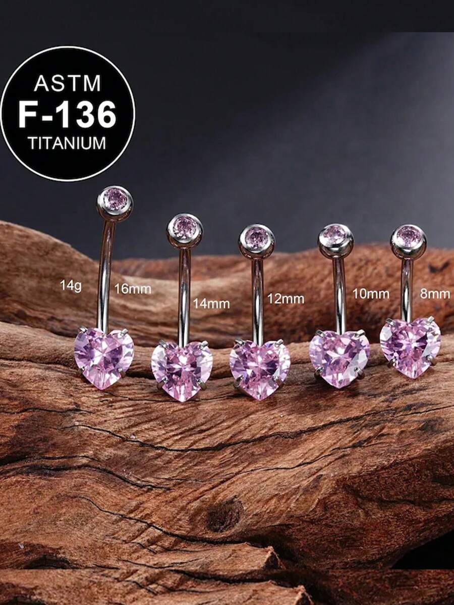 1 Stück 14G Titan Herz rosa CZ Bauchnabel Piercing gebogener Stab mit Innengewinde, Bauchnabel Schmuck, Geschenk für sie, 8mm 10mm 12mm 14mm 16mm - Herz - Übersicht 1
