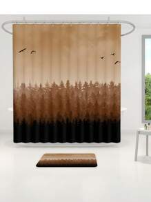 1 件/4 件水彩森林风景浴室装饰套装，包括带 12 个挂钩的防水浴帘、防滑浴垫、U 型马桶垫和圆形马桶盖，适用于整个浴室场景