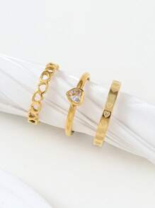 3 Peças Conjunto de Anéis de Casal Minimalistas de Aço Inoxidável com Coração Oco Diamante, Adequado para Uso Diário de Homens e Mulheres, Presente para Festival e Data