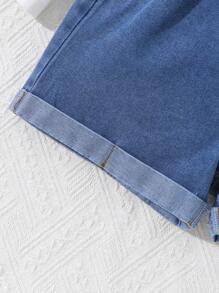 2pcs/Set Summer Girls Casual Cute Cartoon Printed Round Neck Short Sleeve T-Shirt And Denim Shorts Set - White - View 7