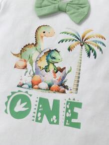 2pcs Set Casual Cute Gentleman Bowknot Decor Playful Dinosaur & Letter Print Romper And Solid Color Overalls Set, Soft Breathable Baby Boy Clothes, Infant Outfit, Newborn Baby Clothing, Baby Birthday Outfit, Suitable For Daily, Vacation, Party, Photo Shoot