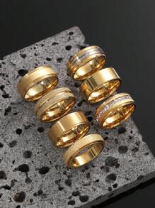7 Pieces Fashion Stainless Steel Plated 18k Gold Personalized Horizontal Sand With Rhinestones Men'S Ring Set Suitable For Daily Use With The Use Of Holiday Dating Gift Jewelry - Gold - View 2