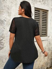 Women's Lace Patchwork Short Sleeve V-Neck Top With Silver Decor - Black - View 2