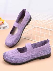 Women's Summer New Mesh Breathable Flat Shoes, Spring Autumn Casual Slip-On Knitted Fabric Shoes, Lightweight Non-Slip Soft Bottom Comfortable - Violet Purple - View 4