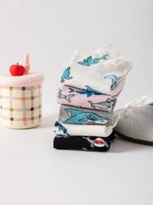 5pcs/Pack Cartoon Shark Print Breathable Short Socks, Fashionable Versatile Soft & Comfortable, Suitable For Spring, Summer, Autumn - Multicolor - View 6