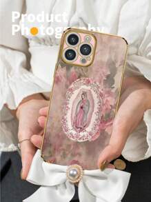 1pc 6D Electroplated Pink TPU Retro Virgin Mary Pattern Shockproof Phone Case Compatible With IPhone, Galaxy, Redmi, OPPO Phones, Compatible With IPhone 15 PRO MAX, IPhone 16 Pro Max, Galaxy A05, A54 5G, A52, A52s 5G, S21 FE 5G, S23 Ultra, S24 Ultra 5G, Poco X5 Pro Waterproof Anti-Fall Scratch Resistant - Multicolor - View 3
