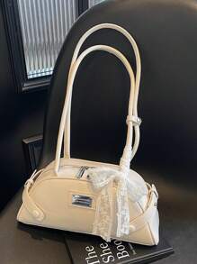 1pc Women Solid Color PU Shoulder Bag, Baseball/Bowling Bag Shape, With Scarf Decor, Suitable For Festival, Dating, Gift - Multicolor - View 4