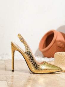 2025秋冬性感时尚尖头4.4英寸高跟休闲凉鞋，后跟系带，金色露跟款式，女士夏季及四季鞋履，女式高跟鞋，派对装扮