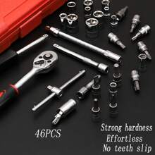 46pcs Mechanic Tool Kit - Steel Sockets With Ratchet Wrench, Multifunctional Auto Repair Set With Carrying Case, Manual Tools For DIY Projects