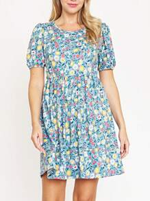 Black Yellow Ditsy Floral Puff Short Sleeve Wrap Tie Surplice V Neck  Mini Dress Swing Southern Dress | Small -3 XL - Màu xanh lam - Xem 4