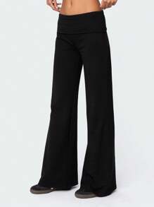 Women Fold Over Yoga Pants Low Rise Solid Color Stretch Casual Straight Wide Leg Palazzo Pants Loose Fit Comfy Flared Leggings Gym Lounge Pants Bootcut Bell Bottoms Baggy Sweatpants Teen Girl Back To School Bottoms Y2k Streetwear - 黑色 - 查看 6