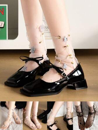 1/4 Pairs Casual Lace Mid-Calf Socks, Sweet Floral Fashion Slouch Socks, Ultra-Thin 3D Flower Sheer Mesh Socks, Glass Silk Crystal Short Socks