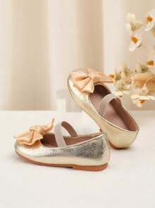 1 Pair Baby Solid Color Bow Design Shoes, Glitter Fabric With Elastic Strap, Soft Comfortable Soles, Suitable For Toddlers All Season - Gold - View 5