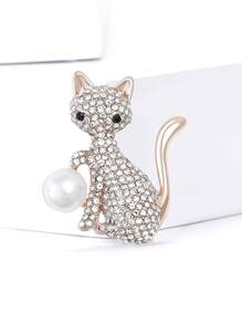 Fashionable Rhinestone Faux Pearl Cat Brooch For Women Animal Brooch Dress Suit Pin Accessories Party Banquet Gift - Cat - View 1