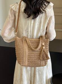 1pc Holiday Straw Shoulder Bag, Fashionable Woven Beach/Picnic Tote Bag With Tassel Decor, Casual Handmade Woven Bag Suitable For Gifts, Perfectly Matching With Vacation Outfits Women - Khaki - View 7