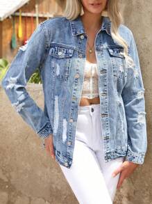 Women's Classic Casual Long Sleeve Denim Jacket - Non Elastic Design, Front Buckle Details, Diagonal Pockets, Tear Style, Fashionable Multi Functional Jacket - Rửa nhẹ - Xem 5