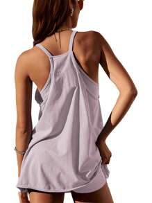 Women Athletic Mini Dresses Built-In Shorts Set Summer Sleeveless Sundress Hot Shot Mini Dress - Màu tím hoa cà - Xem 2