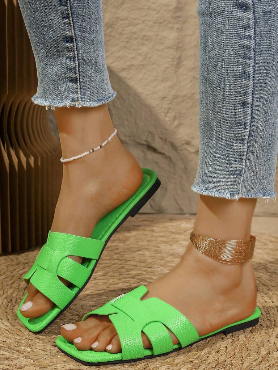 Casual Flat Slip-On Sandals, Women Summer Open Toe Slippers, Stylish Slide Sandals For Outdoor, Beach, Holiday, Fashion Dress - Green - View 1