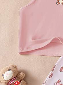 2 件套青少年女孩休闲时尚简约睡衣套装，包含一件带有泰迪熊印花的背心，搭配泰迪熊全印花宽松裤，适合春夏季女孩在家穿着 - 粉色 - 查看 5