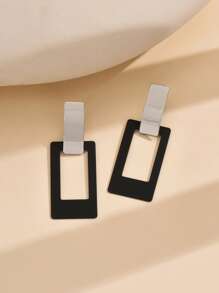 2pcs Black Geometric Square Metal Clip-On Earrings For Women, Long Piercing-Free Casual Wear - Clip - View 8
