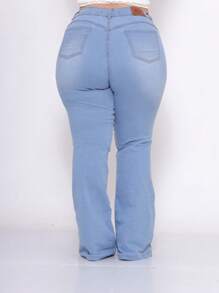 Women's Plus Size Light Blue Flare Jeans With Ribbed Stitching And High Waist - Baby Blue - View 2