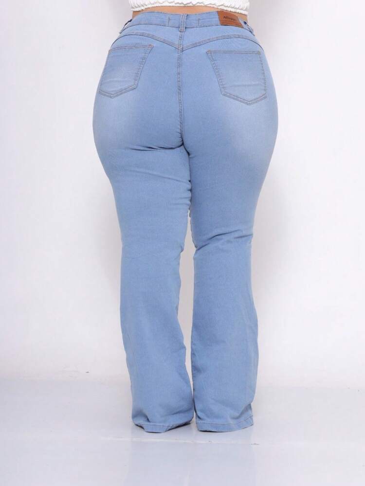 Women's Plus Size Light Blue Flare Jeans With Ribbed Stitching And High Waist - Màu xanh nhạt - Xem 2