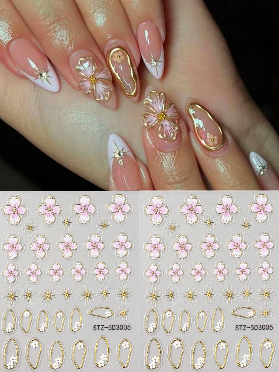 FULL BEAUTY 2 miếng dán móng tay họa tiết hoa sen nở rộ màu hồng và trắng, dập nổi 5D, hình ngôi sao vàng lấp lánh, hoa ren, kiểu móng Pháp, tự dính, mềm mại, có thể khắc chìm, dùng để tự làm móng nghệ thuật. - Nhiều màu - Xem 1