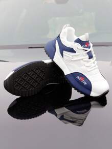 2025 Spring/Summer New Men's Shoes, Blue Casual Sneakers With Leather Surface, Knitted Laces, Non-Slip, Men