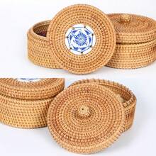 1pc 5.5*3.1 Inch Wicker Rattan Braided Round Storage Box For Snacks, Cosmetics, Jewelry, Dried Fruits, Desk Organizer