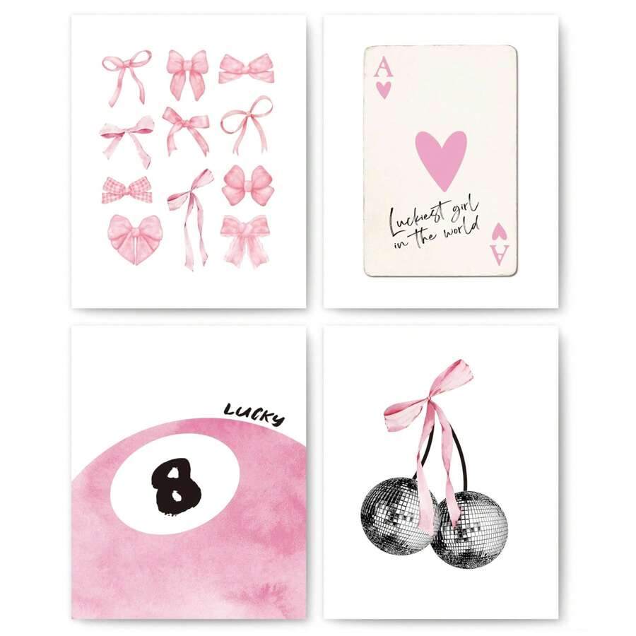 4 件时尚艺术印刷海报套装 - 粉色蝴蝶结、心形、幸运 8 球和樱桃 - 无框墙壁装饰，适用于女孩卧室、宿舍 - 心形和蝴蝶结主题海报