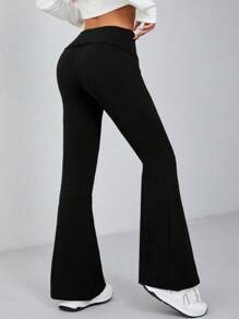 Women Solid Flare Skinny Pants Fold Over Leggings Stretch Bootcut Flared Yoga Pants Y2k Joggers - Black - View 3