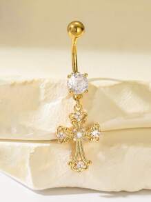 1pc Luxurious Rhinestone Cross Navel Ring, Suitable For Women's Daily Wear, Birthday Party, Beach Gathering