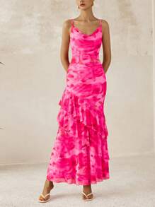 Women's Long Dress Summer Ruffled Layered Floral Beach Sundress With Thin Straps Wedding Guest Dress - 印花粉紅色 - 查看 1