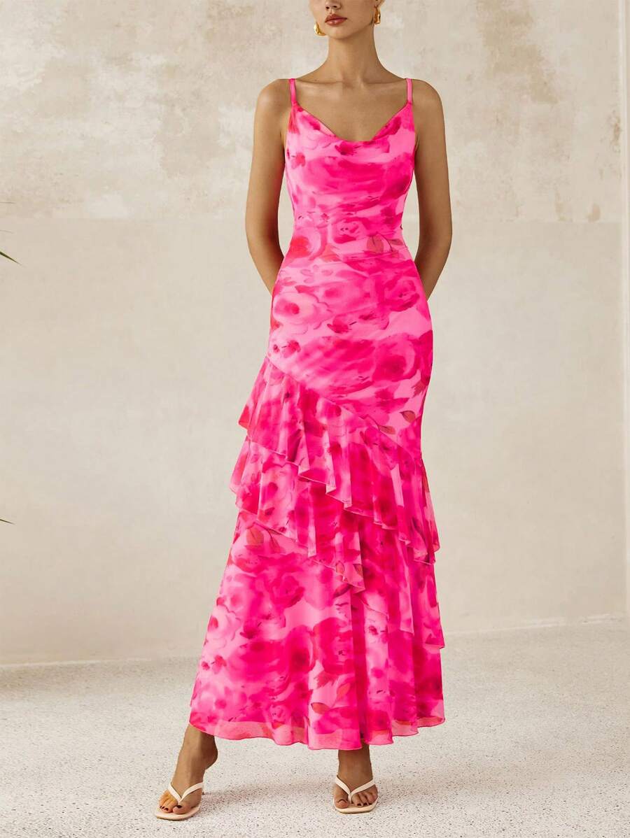 Women's Long Dress Summer Ruffled Layered Floral Beach Sundress With Thin Straps Wedding Guest Dress - 印花粉紅色 - 查看 1