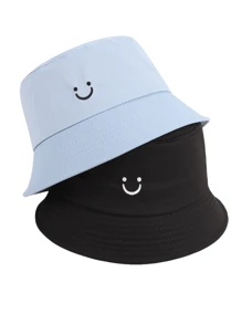 2pcs Women Smiling Face Embroidery Versatile Bucket Hats, Adjustable Festival Couples Casual Sports Hat For Cycling, Sightseeing, Travel, Streetwear, Party