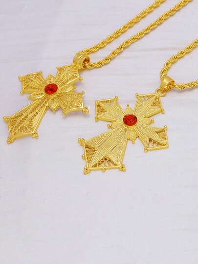 24K Gold Plated Zinc Alloy Cross Pendant Necklace Set, 80cm Long, Classic Accessory For Daily Wear