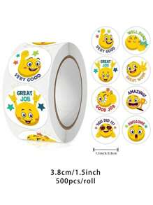 500 unidades/rolo de adesivos de rosto amarelo de desenho animado, 1 polegada e 1,5 polegada, recompensa para professores e incentivo aos alunos, adequados para papelaria, livros, telefones, laptops, capacetes, garrafas de água, óculos, multiuso, adesivos de vinil de PVC à prova d'água, material escolar, volta às aulas